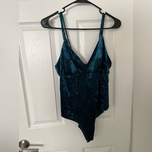 Blue Velvet Bodysuit W/ Snap Closures And Cross Back Detail